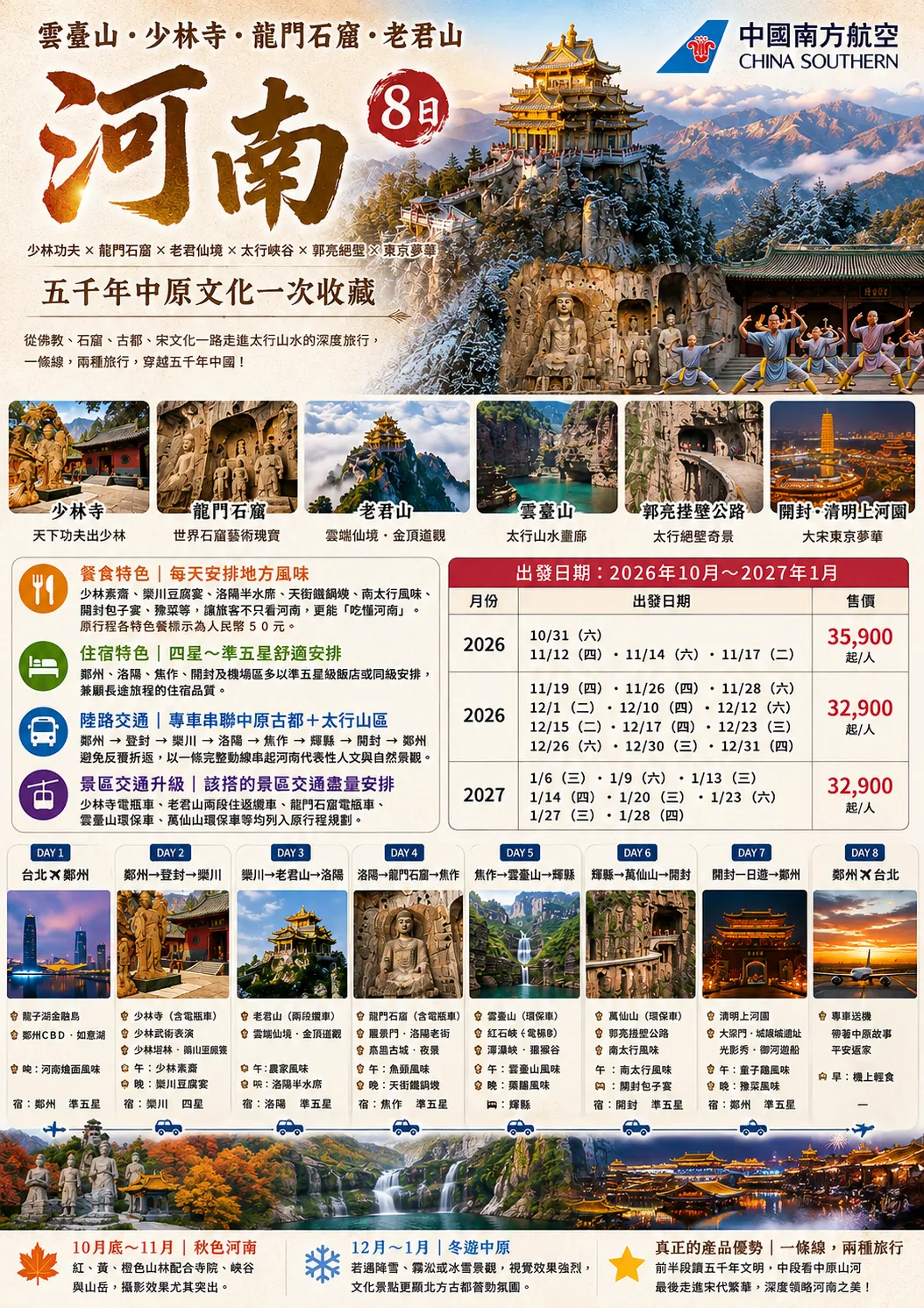 河南雲臺山·少林寺·龍門石窟·老君山8日 行程圖片 1